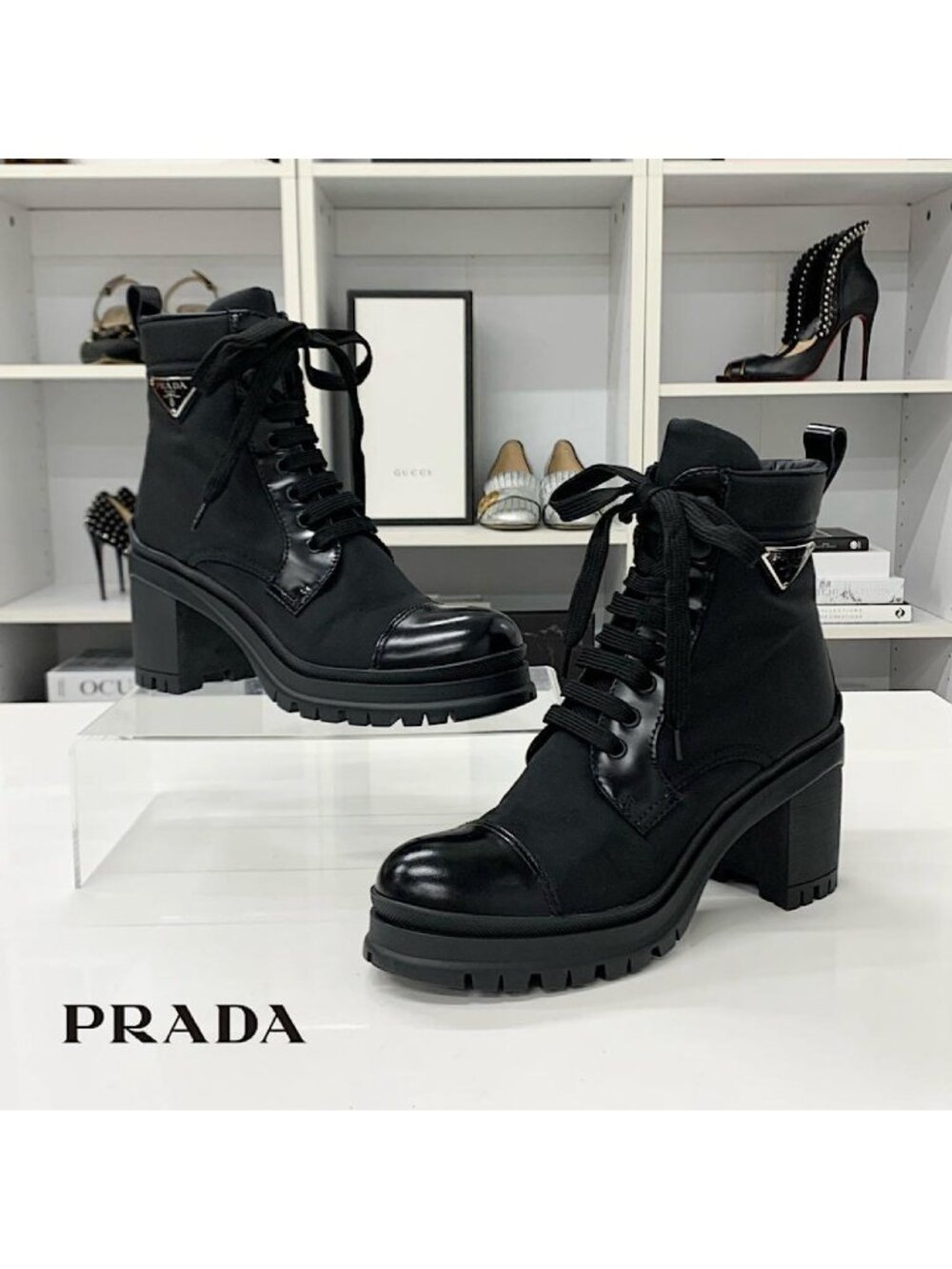 Prada Re-Nylon Leather Triangle Logo Short Boots